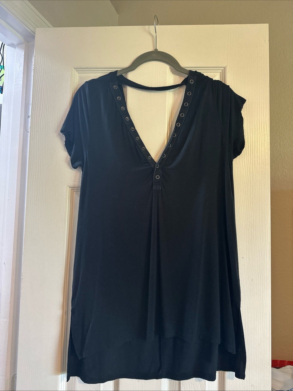 American Eagle Outfitters Black V-Neck Grommet Accent Top